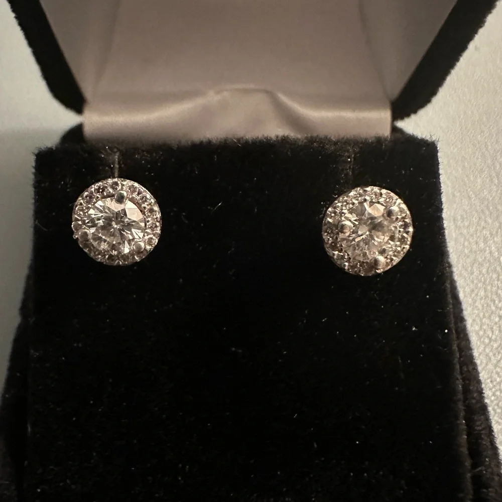 Diamond Halo Round Brilliant Stud Earrings 1.00 Ct TW 14K White Gold - Picture 1 of 8